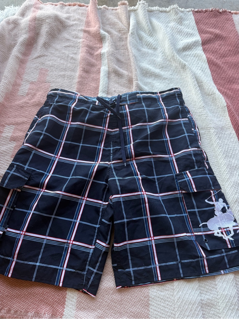 Polo by Ralph Lauren Black Plaid Cargo Shorts with Pink & White Trim
